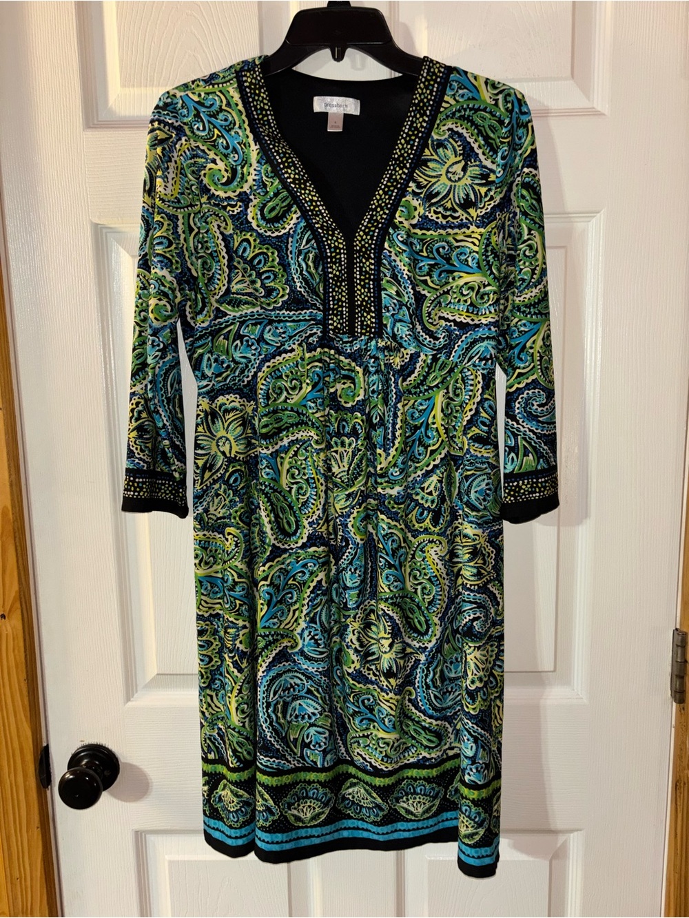 Dress Barn Green and Blue Paisley V-Neck Long Sleeve Dress